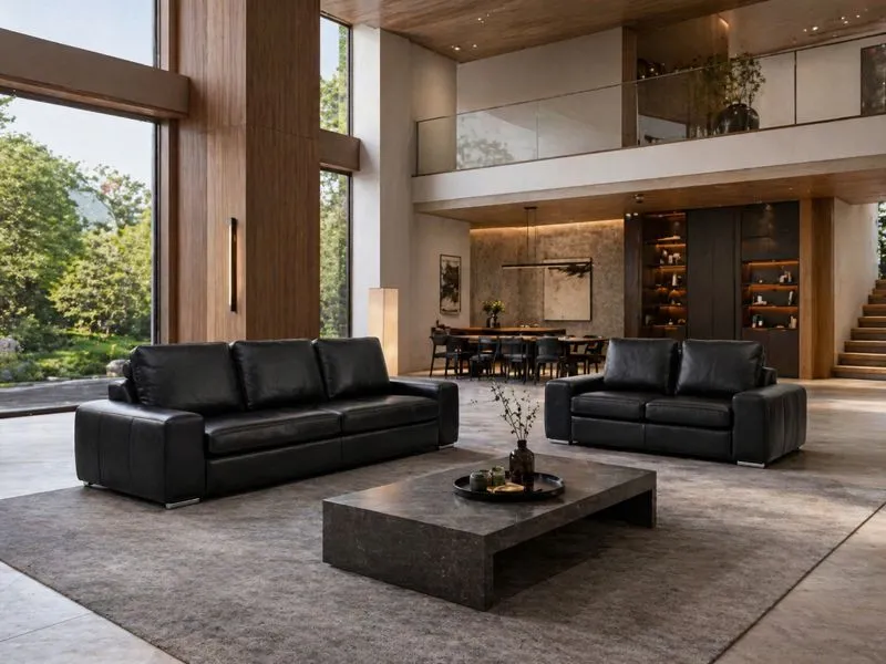 吹き抜けの静けさに、黒がひときわ深く映える。