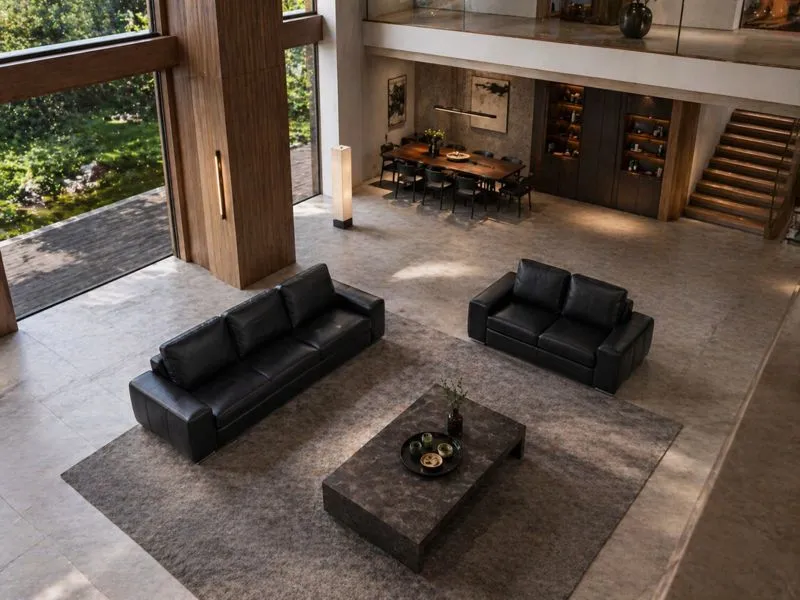 吹き抜けの静けさに、黒がひときわ深く映える。